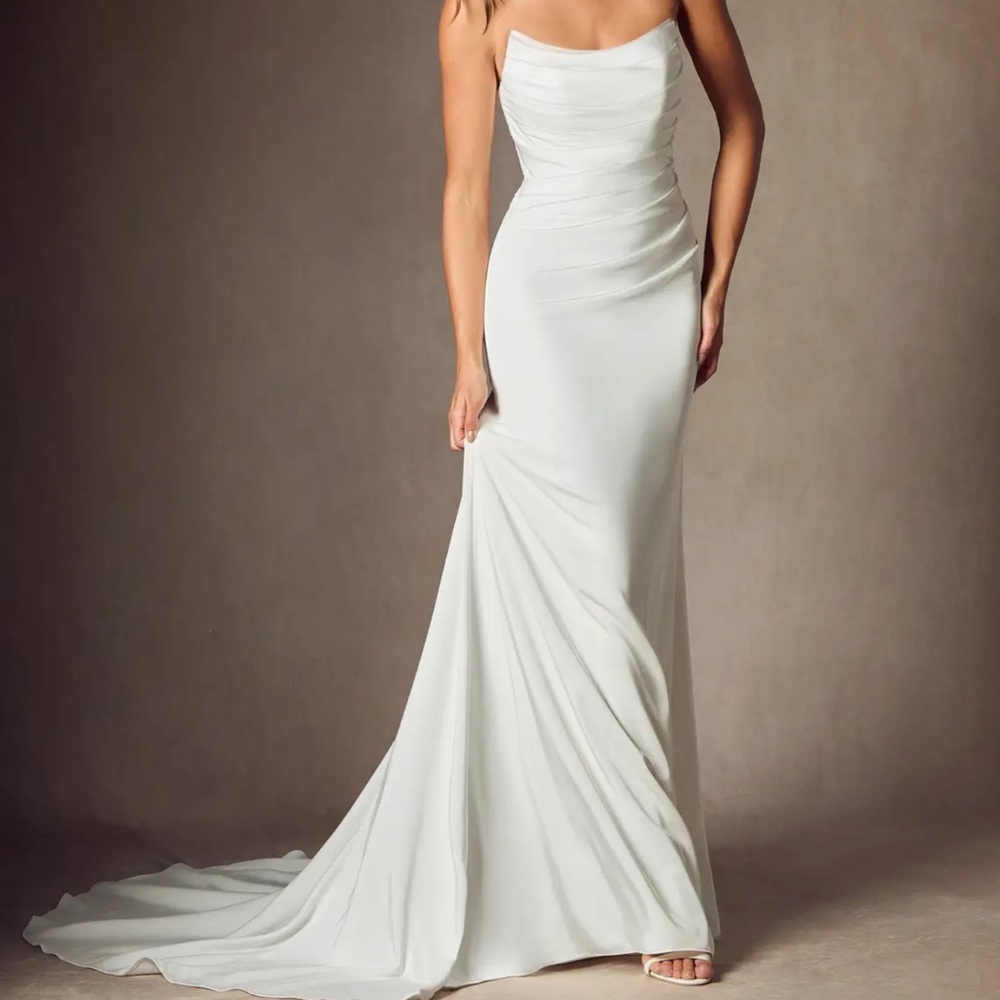 Azazie Elyse Diamond White Mermaid Strapless Crepe Back Satin Dress